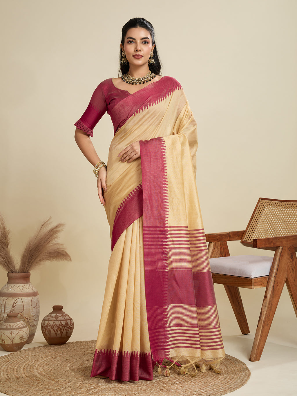 Tussar Raw silk Saree With Temple Border - CHIKU