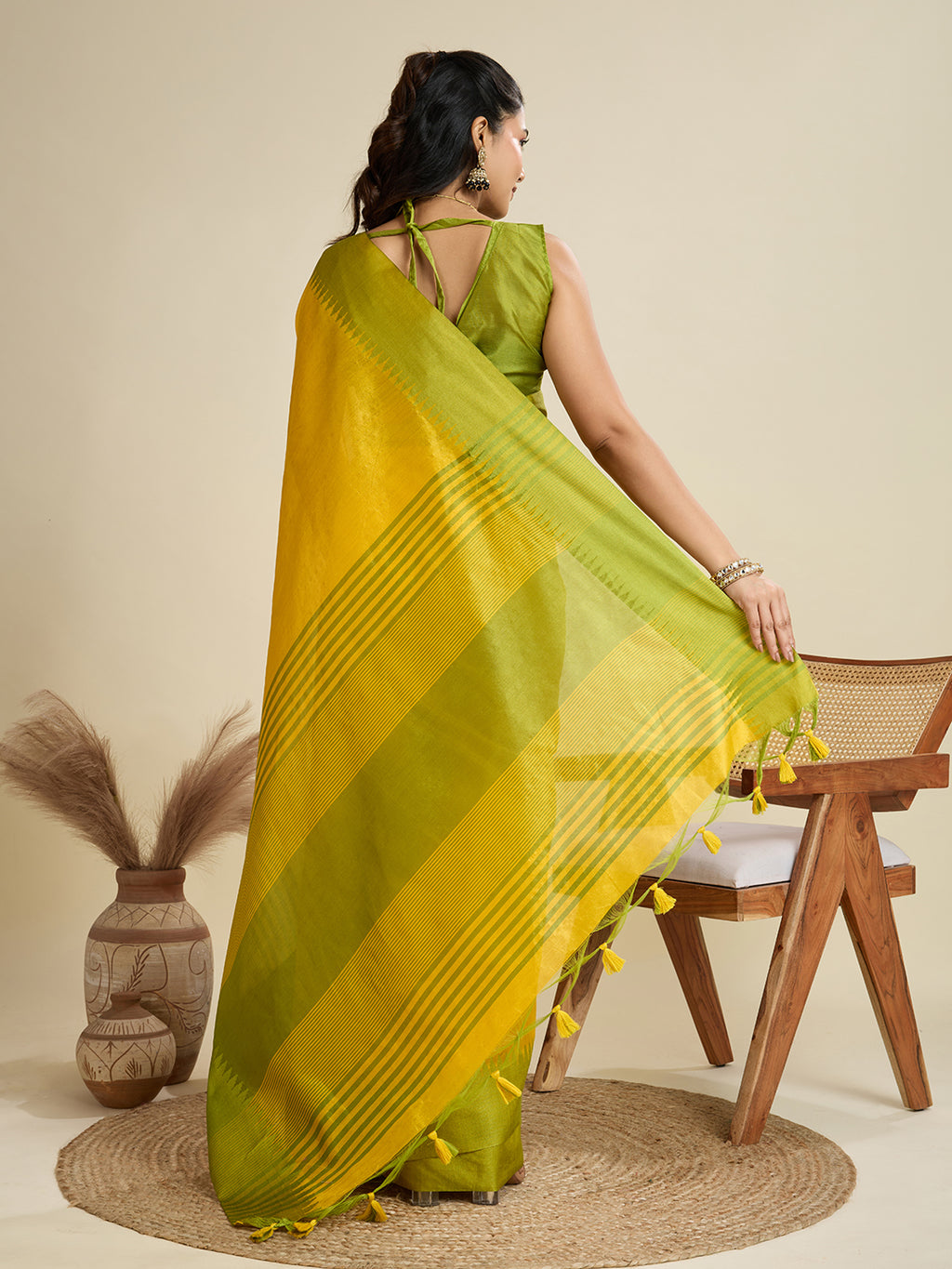 Tussar Raw silk Saree With Temple Border - LEMON YELLOW