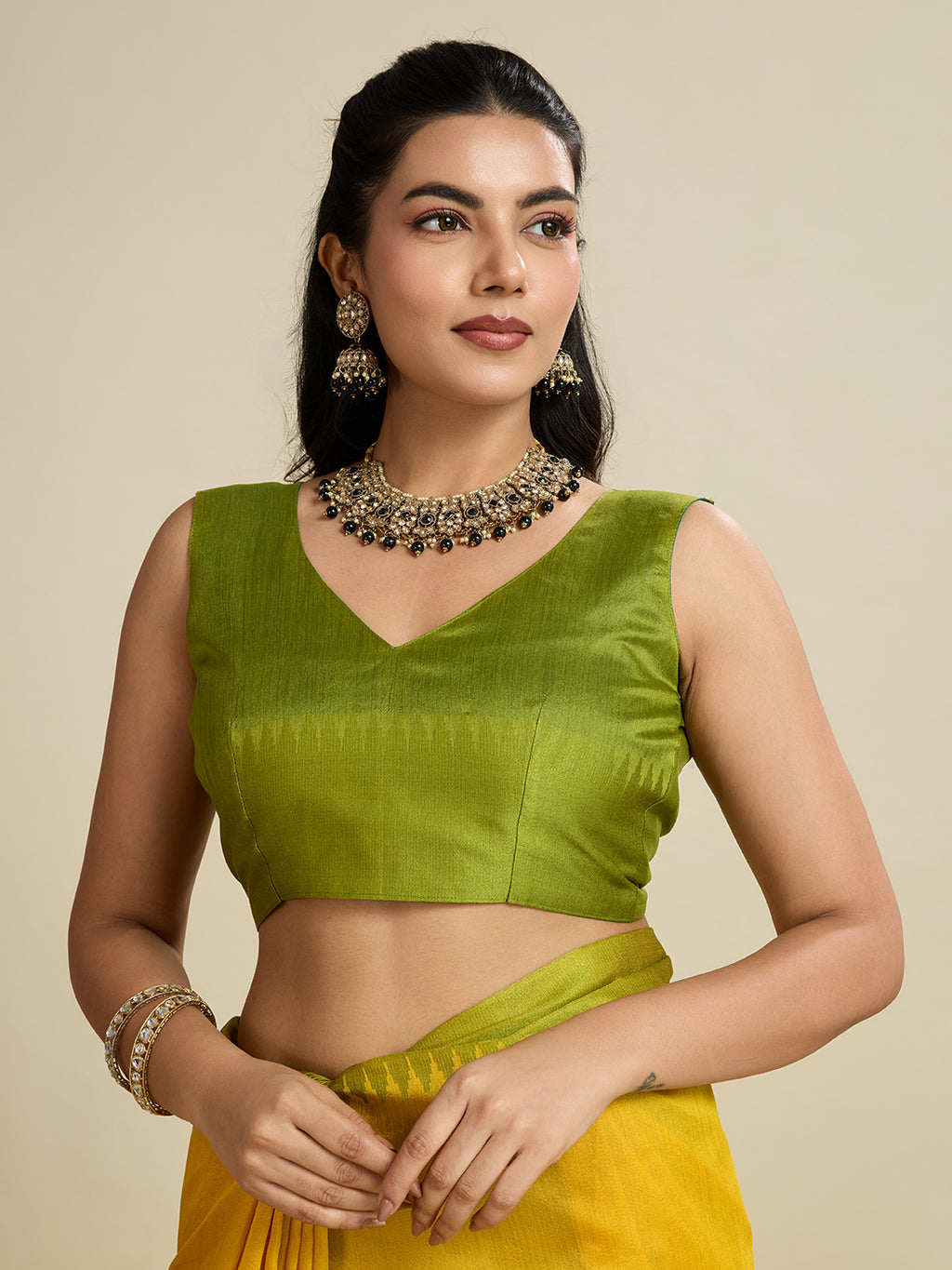 Tussar Raw silk Saree With Temple Border - LEMON YELLOW