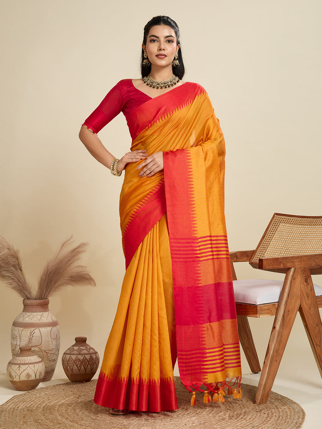 Tussar Raw silk Saree With Temple Border - ORANGE