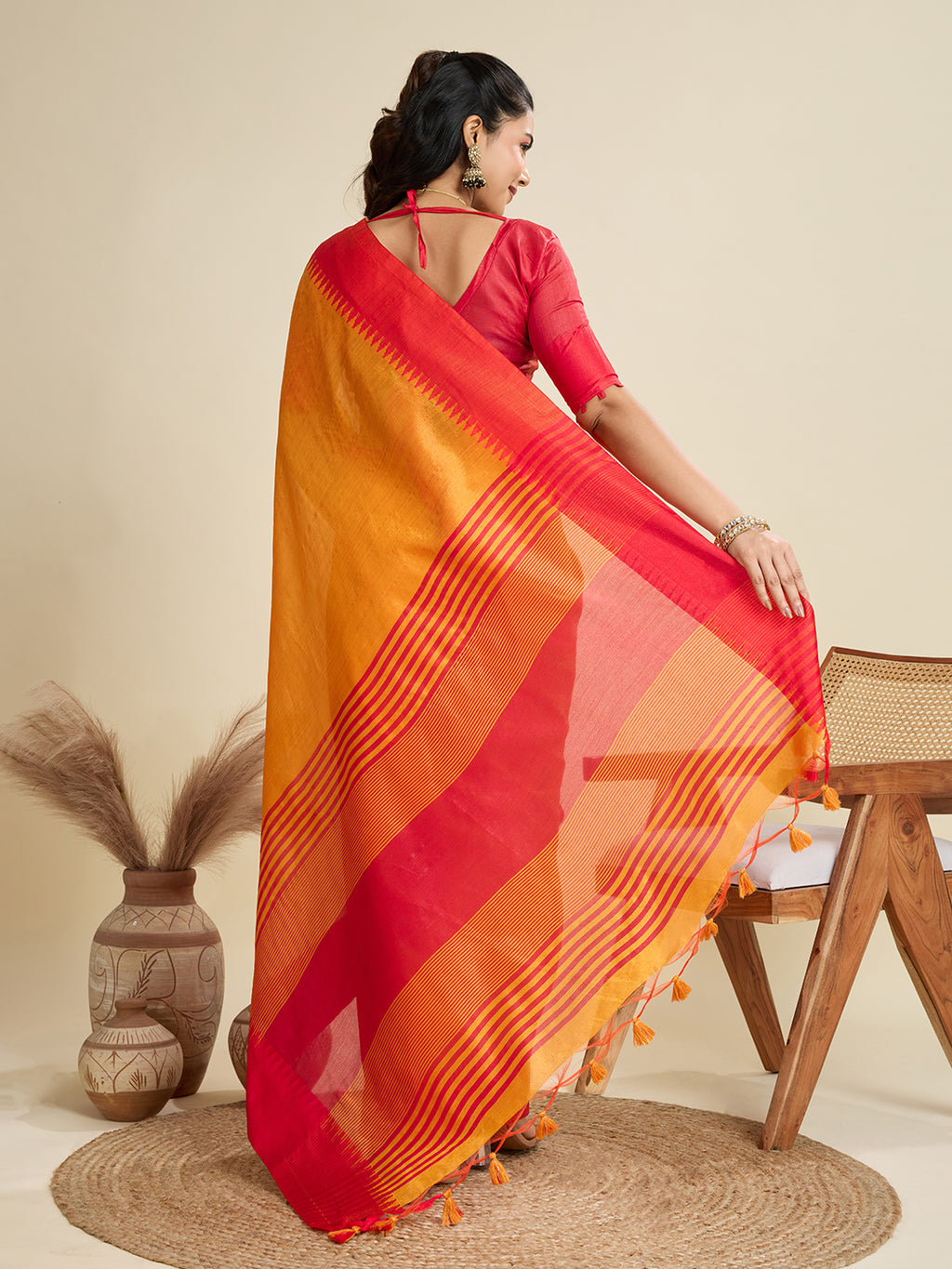 Tussar Raw silk Saree With Temple Border - ORANGE