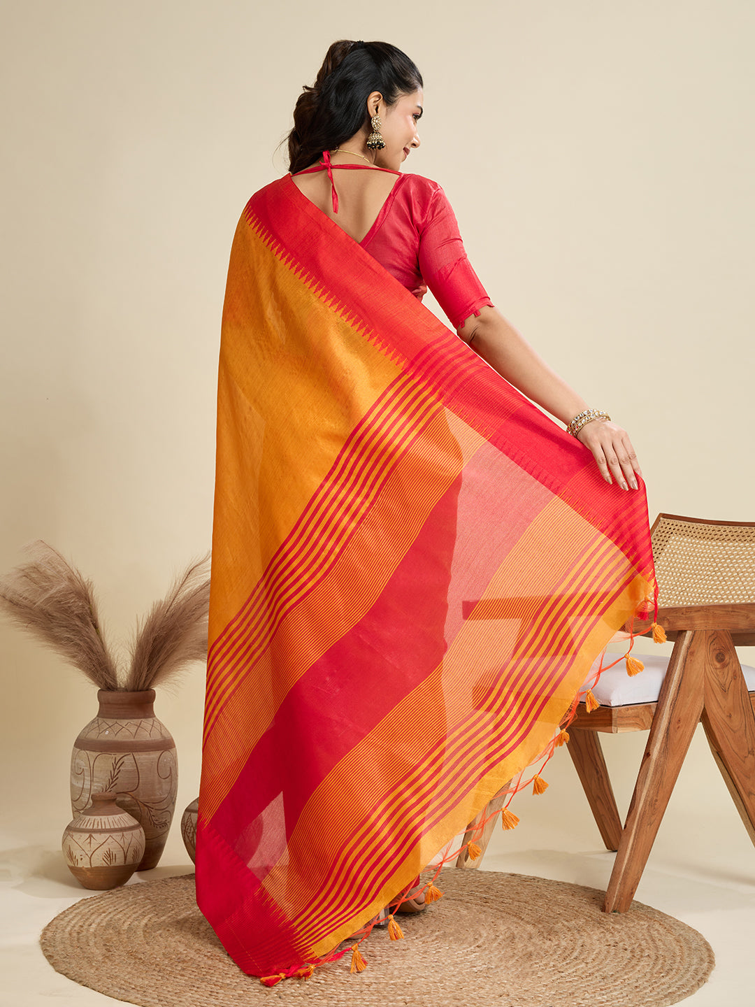 Tussar Raw silk Saree With Temple Border - ORANGE