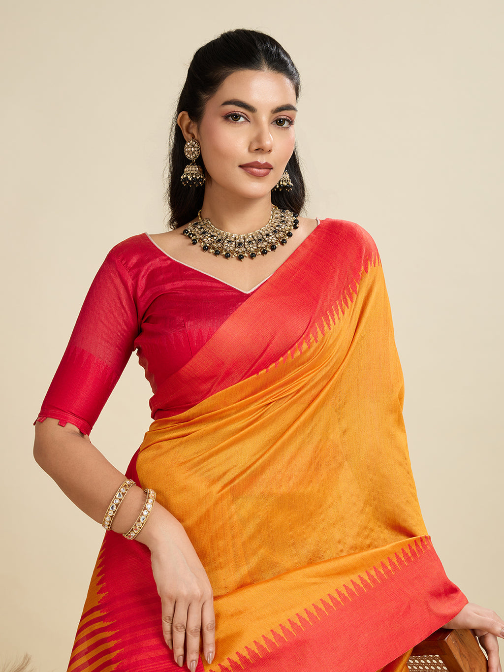 Tussar Raw silk Saree With Temple Border - ORANGE