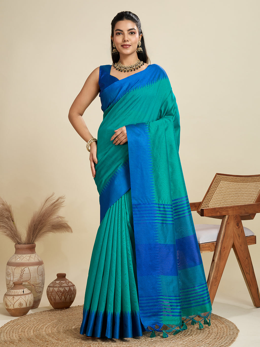 Tussar Raw silk Saree With Temple Border - FIROZI