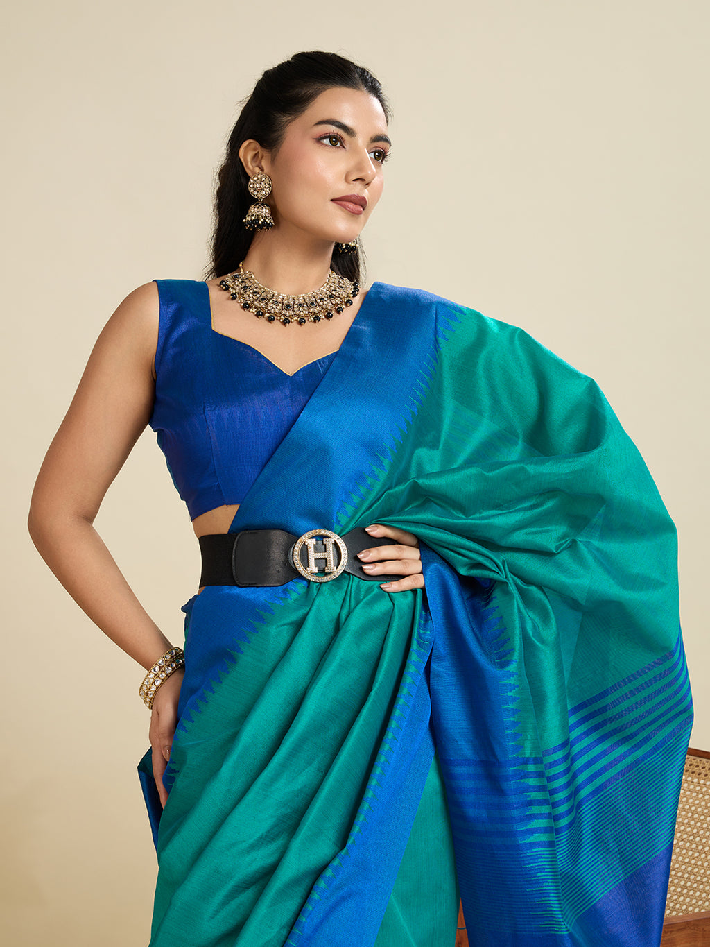 Tussar Raw silk Saree With Temple Border - FIROZI
