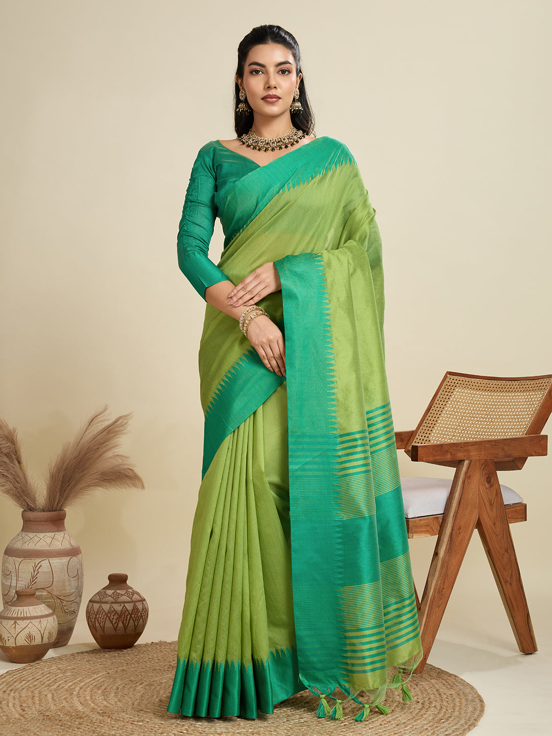 Tussar Raw silk Saree With Temple Border - GREEN