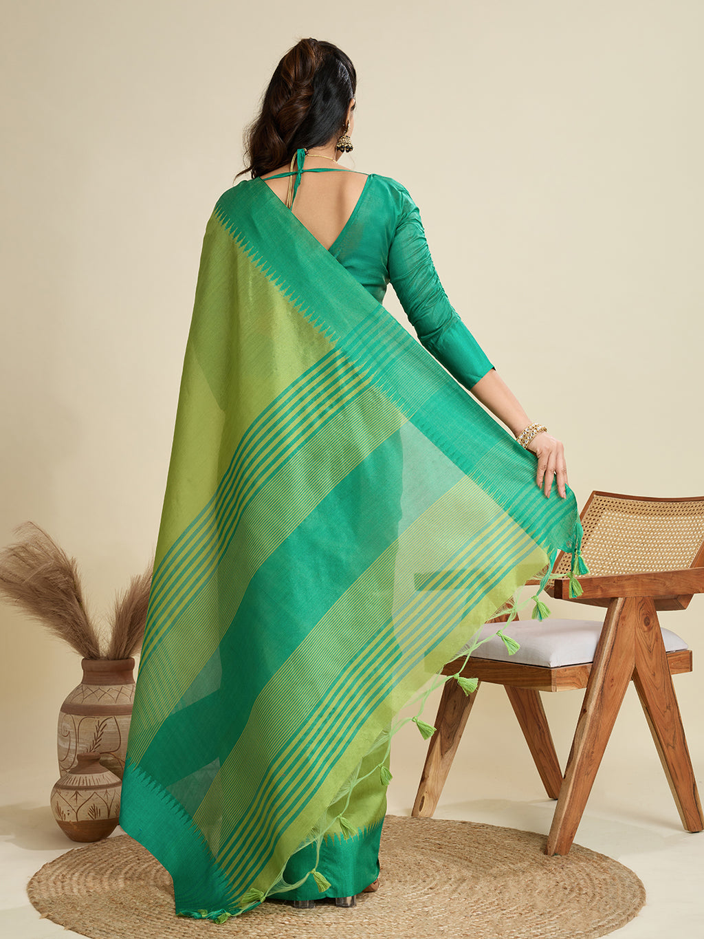 Tussar Raw silk Saree With Temple Border - GREEN
