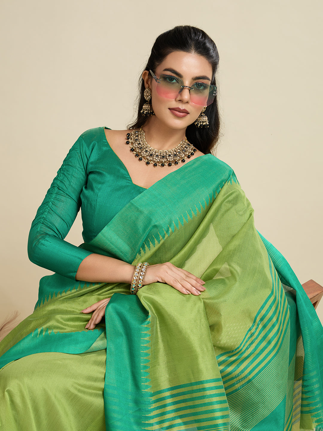 Tussar Raw silk Saree With Temple Border - GREEN