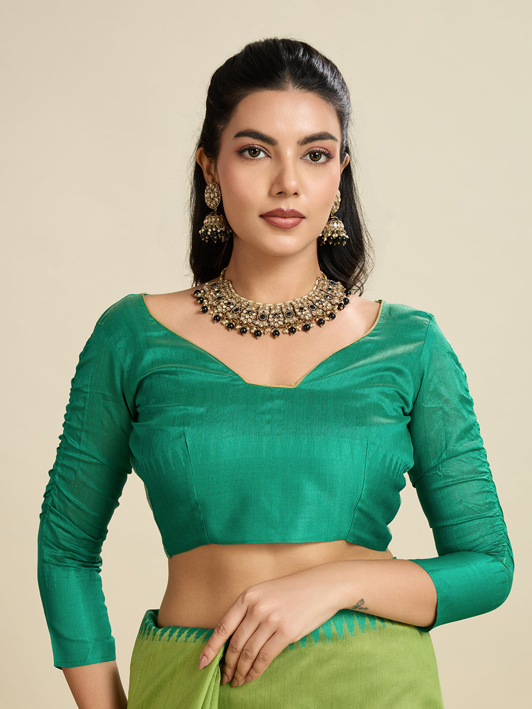 Tussar Raw silk Saree With Temple Border - GREEN