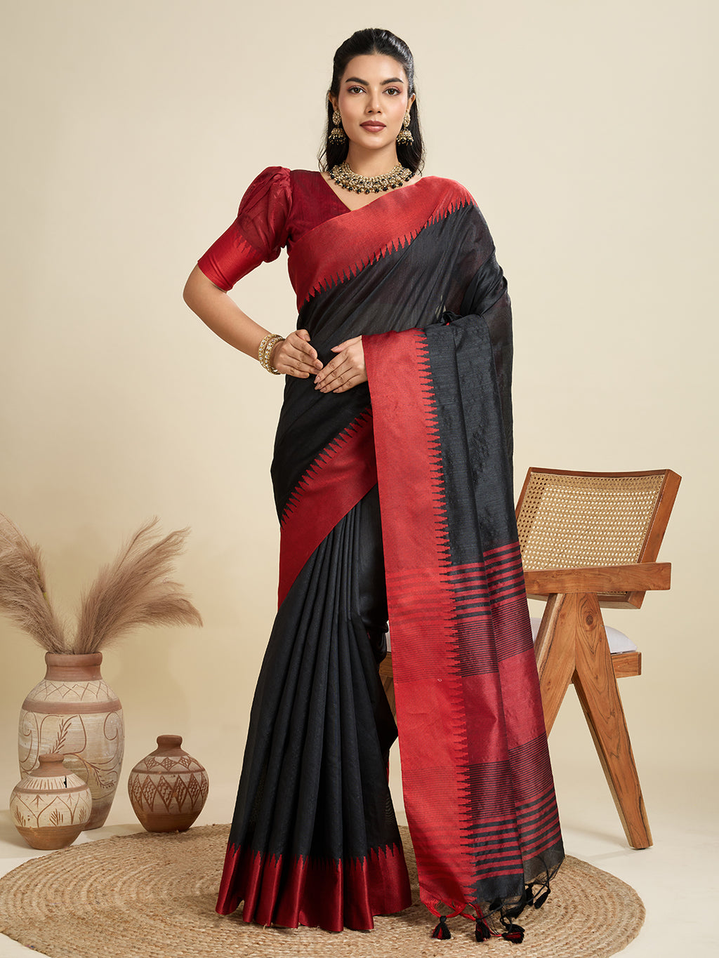 Tussar Raw silk Saree With Temple Border - BLACK