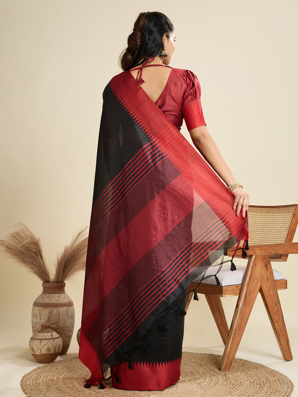 Tussar Raw silk Saree With Temple Border - BLACK