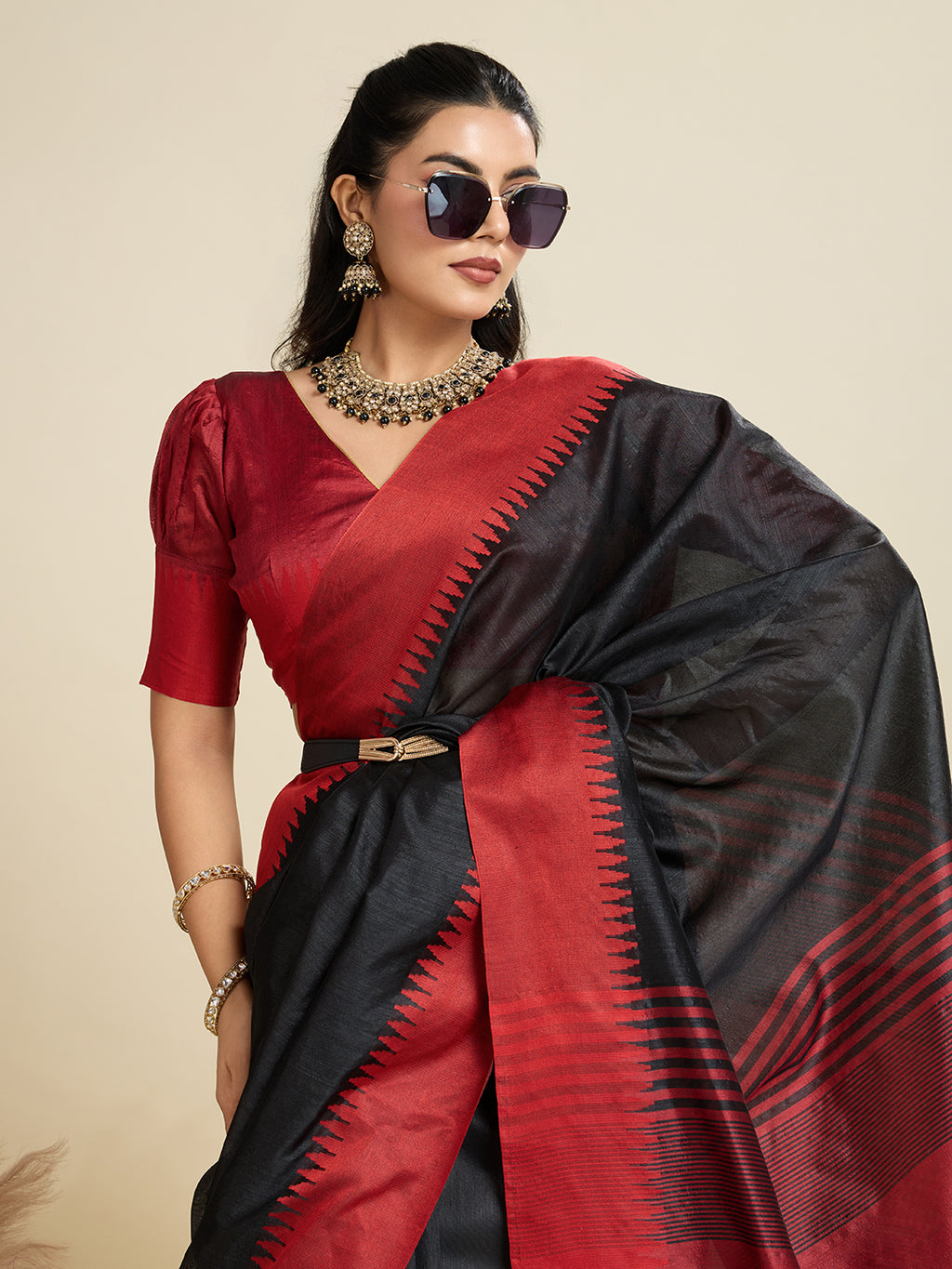 Tussar Raw silk Saree With Temple Border - BLACK