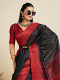 Tussar Raw silk Saree With Temple Border - BLACK