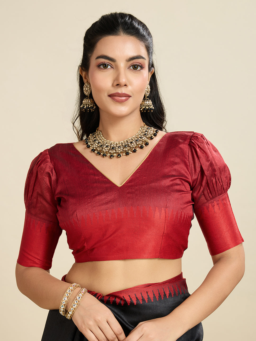 Tussar Raw silk Saree With Temple Border - BLACK