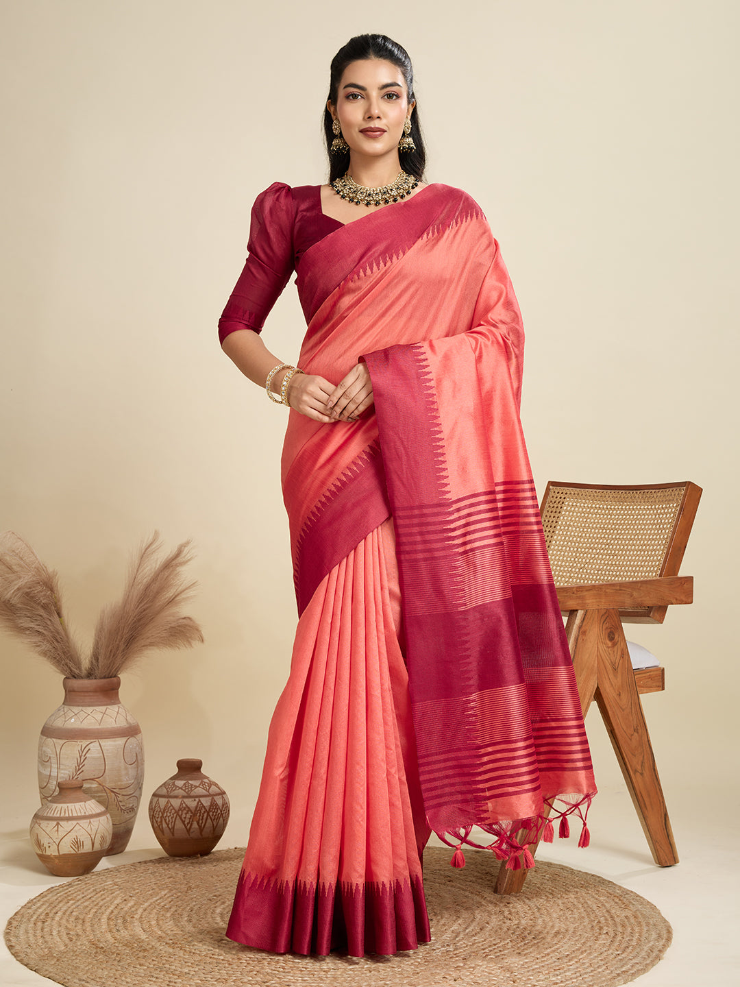 Tussar Raw silk Saree With Temple Border - PEACH