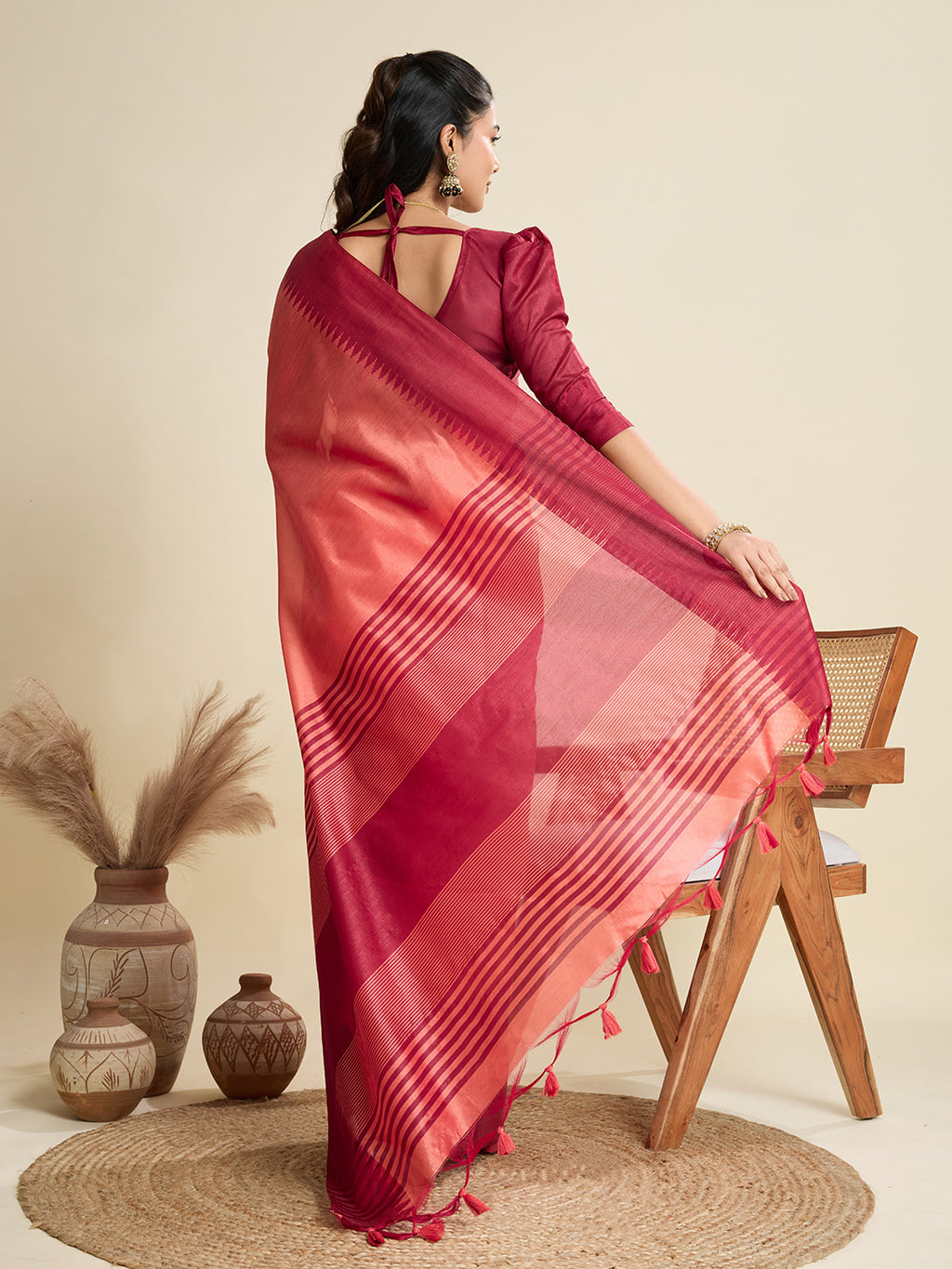 Tussar Raw silk Saree With Temple Border - PEACH