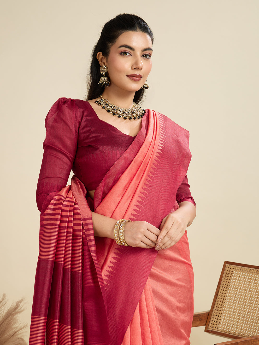 Tussar Raw silk Saree With Temple Border - PEACH
