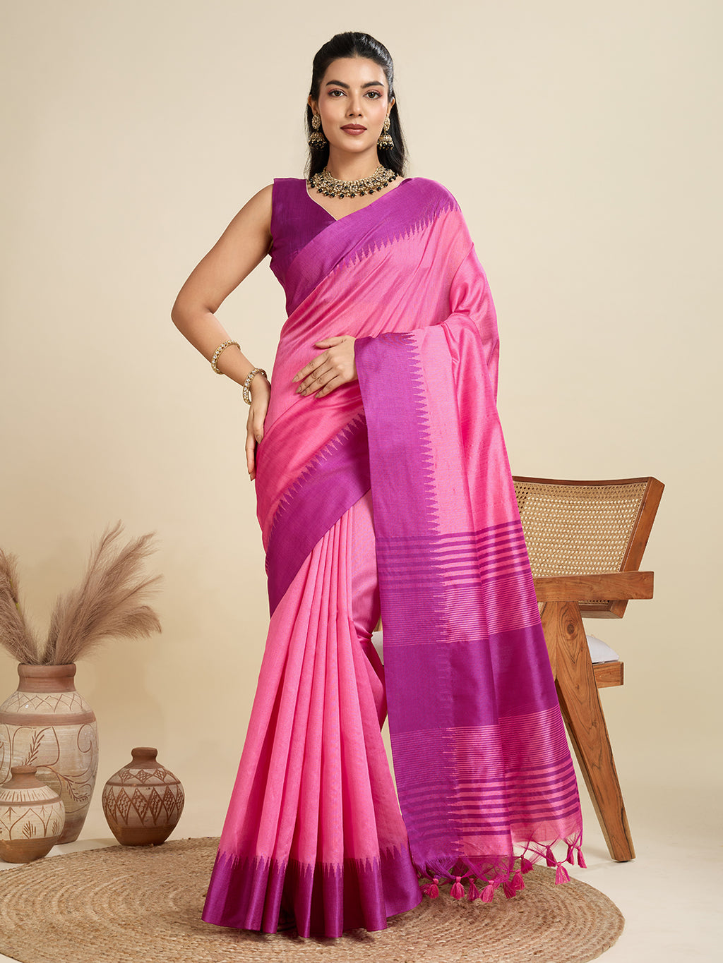 Tussar Raw silk Saree With Temple Border - PINK