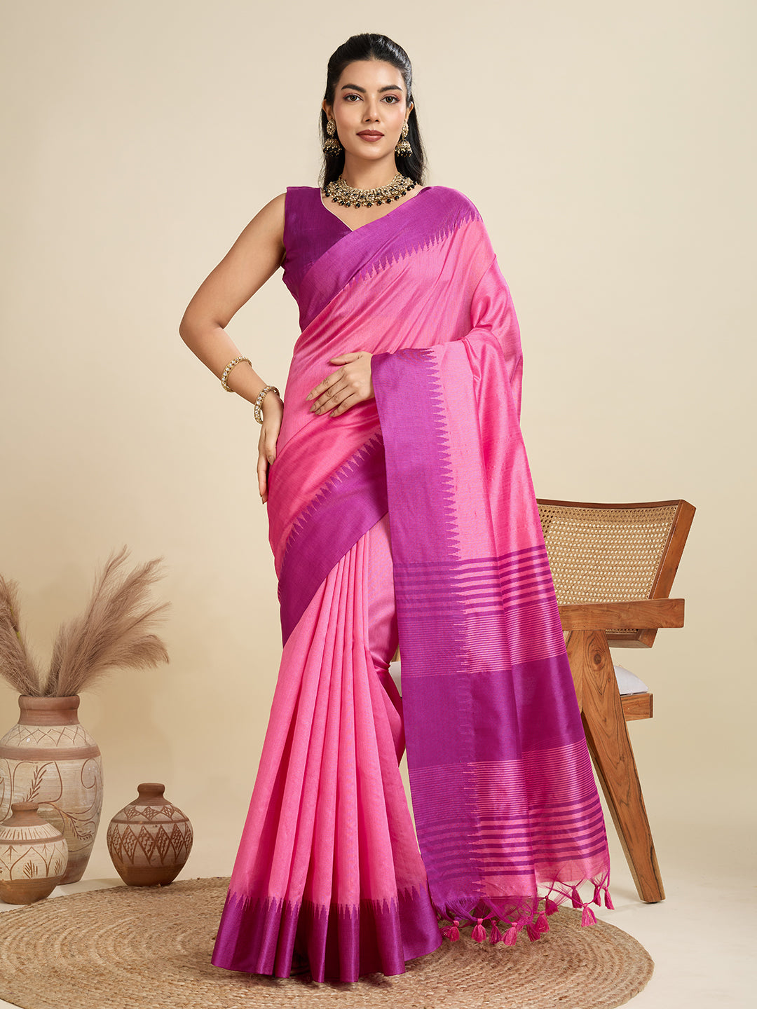 Tussar Raw silk Saree With Temple Border - PINK