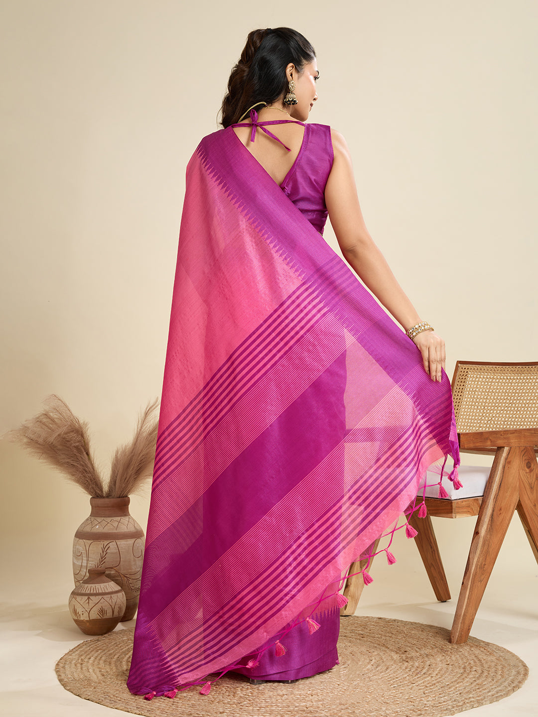 Tussar Raw silk Saree With Temple Border - PINK