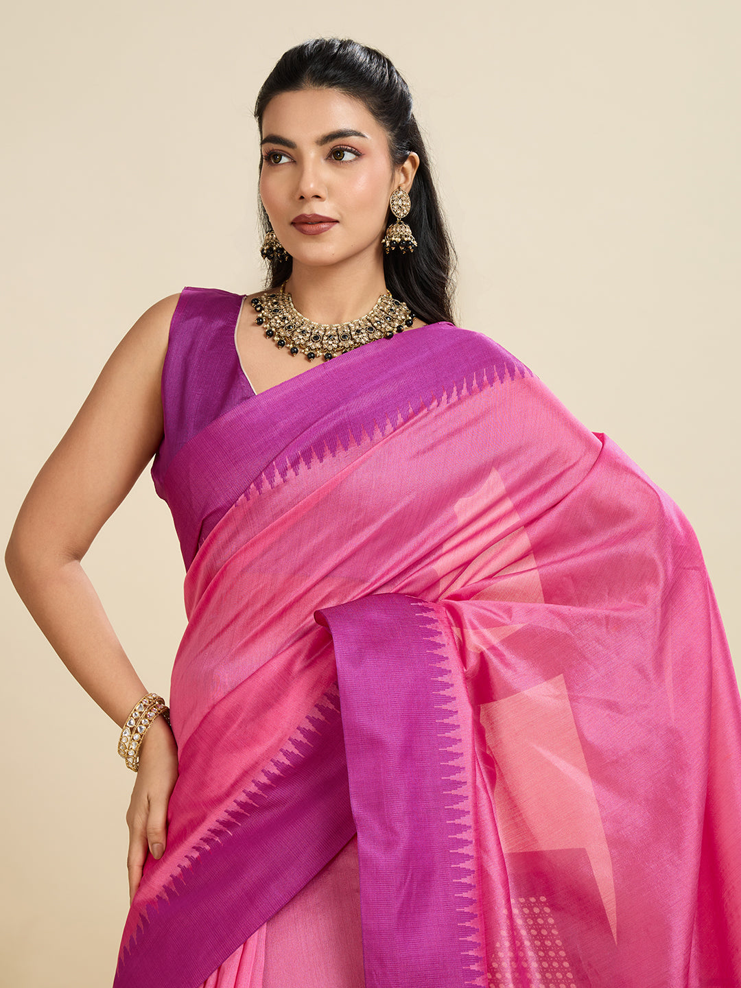 Tussar Raw silk Saree With Temple Border - PINK