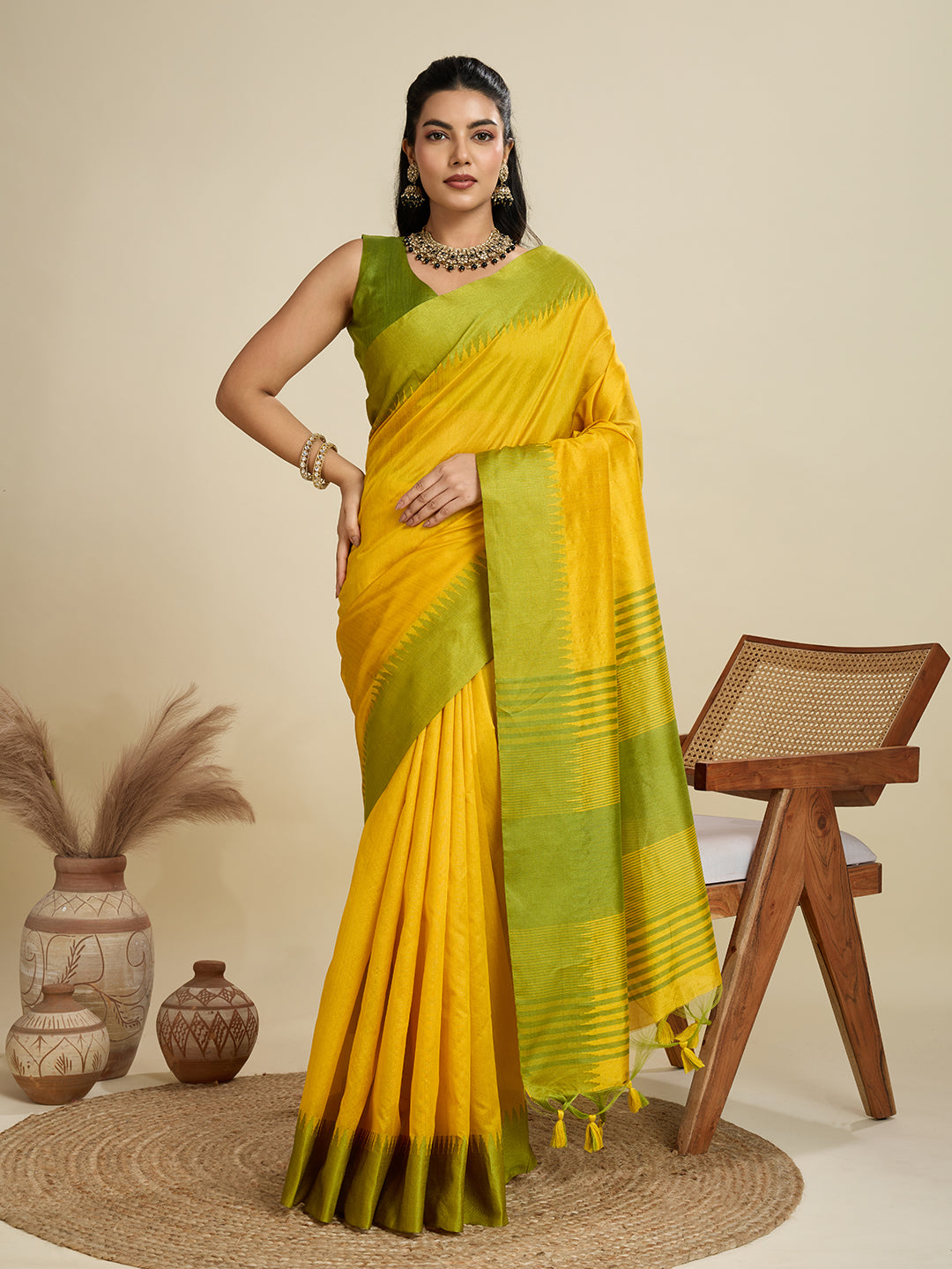 Tussar Raw silk Saree With Temple Border - LEMON YELLOW