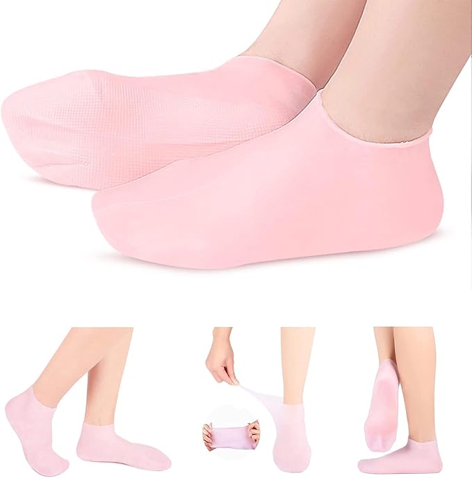 Moisturizing Silicone Spa Gel Socks for Women Men for Dry Feet Cracked Heel Callus Remover Vitamin E Repair (Pink)