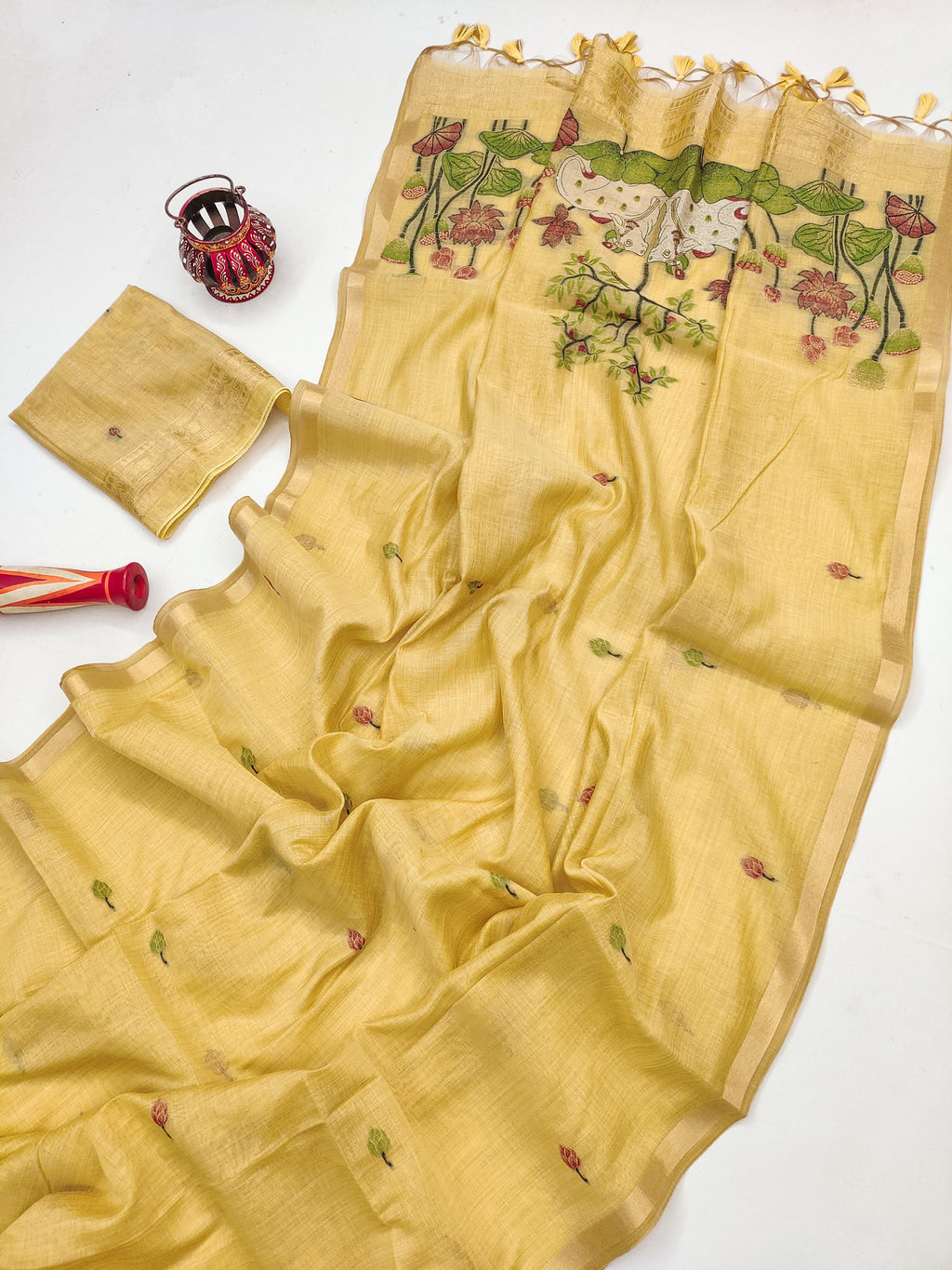 Premium Soft Muga Cotton Pitchwai Saree - Yellow