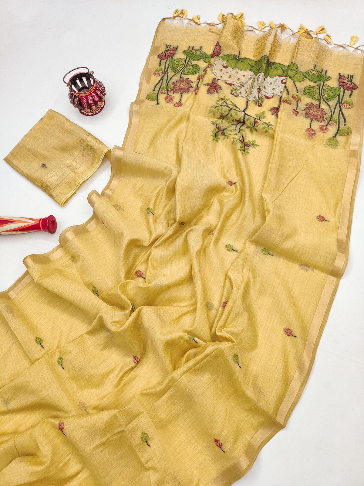 Premium Soft Muga Cotton Pitchwai Saree - Yellow