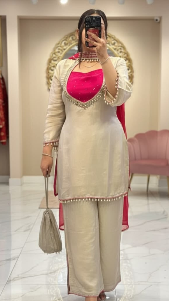 Royal Ivory & Fuchsia Mirror Embroidered Suit Set