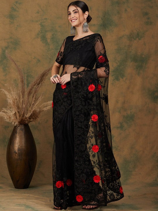 Black Floral Embroidered Saree