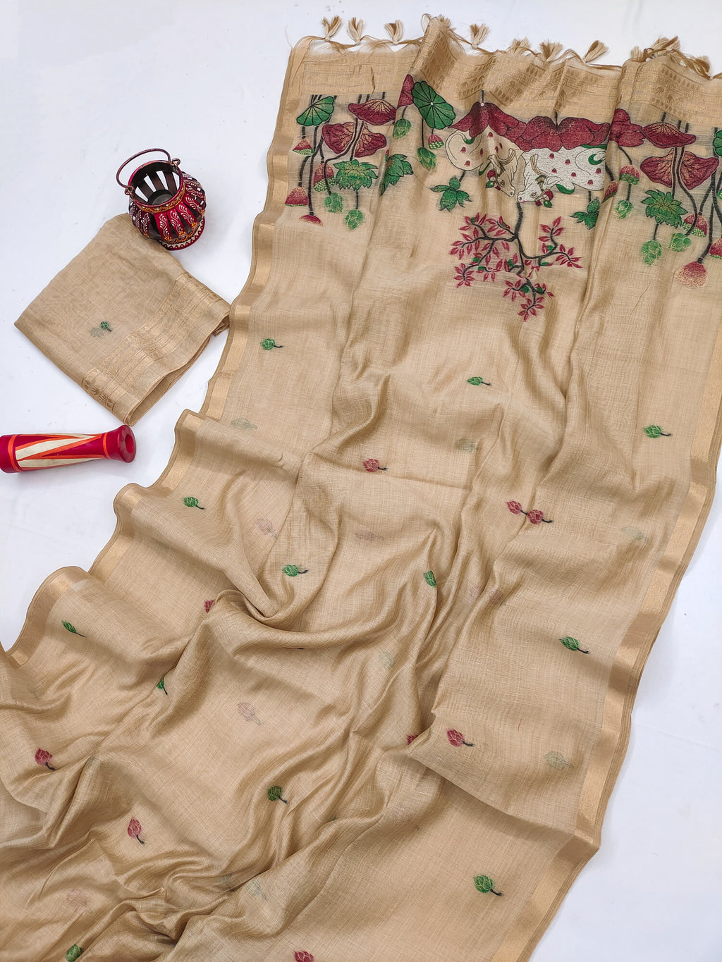 Premium Soft Muga Cotton Pitchwai Saree - Chiku
