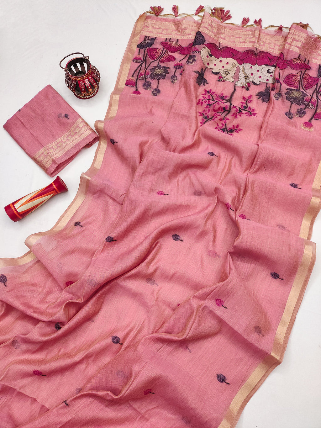 Premium Soft Muga Cotton Pitchwai Saree - Pink