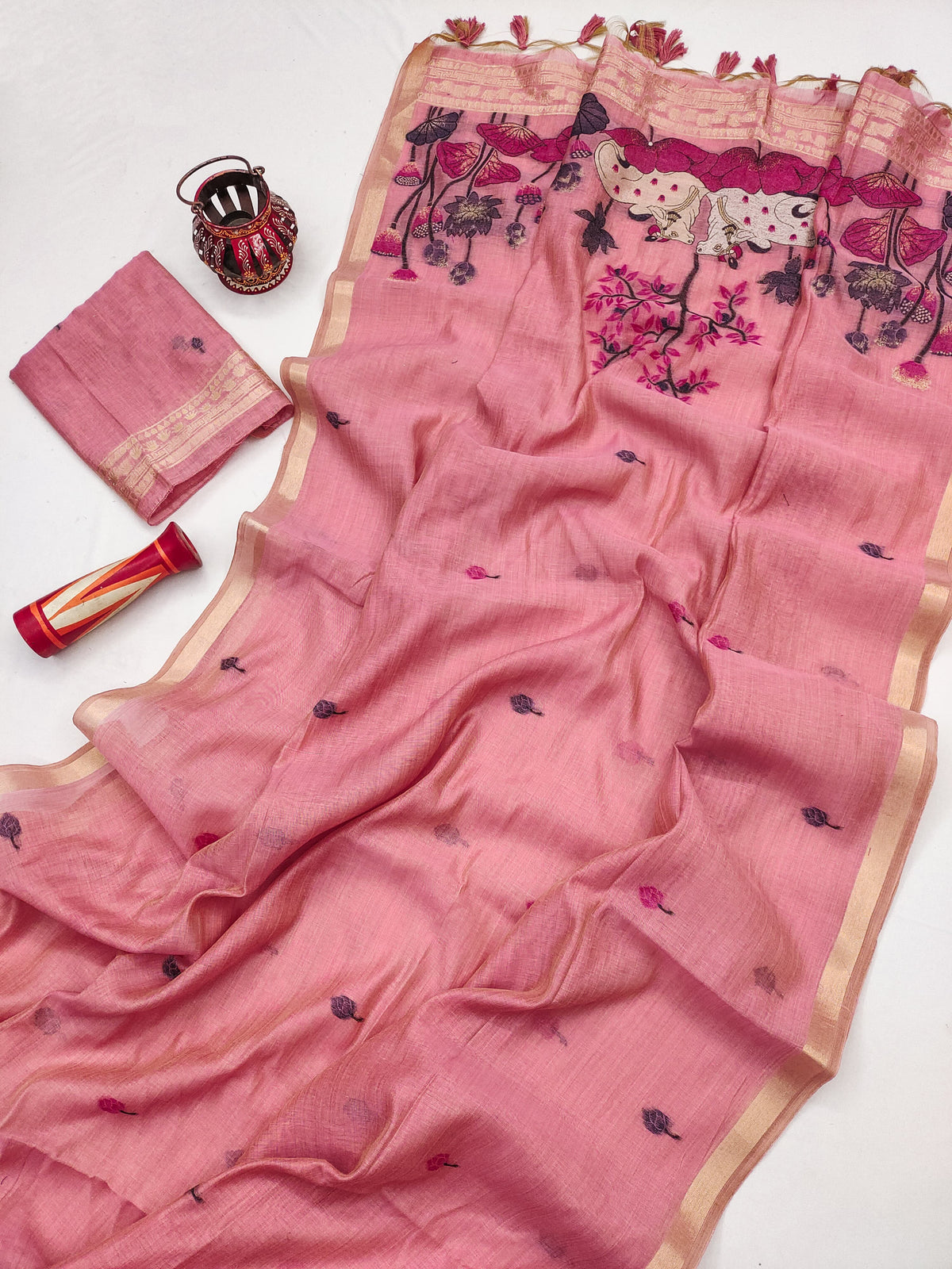 Premium Soft Muga Cotton Pitchwai Saree - Pink