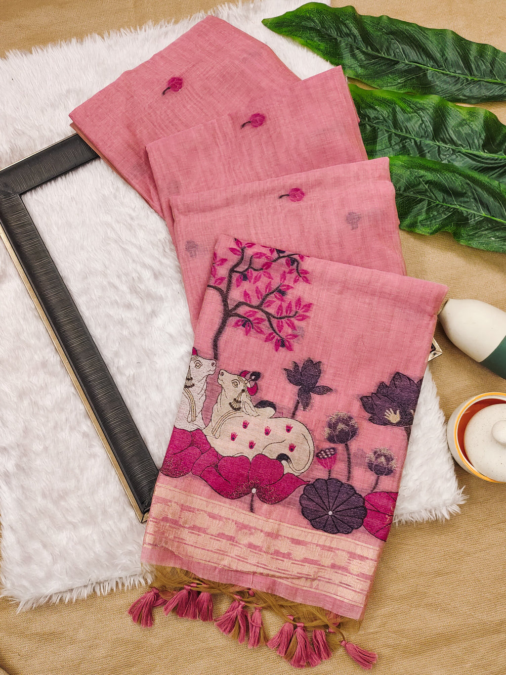 Premium Soft Muga Cotton Pitchwai Saree - Pink