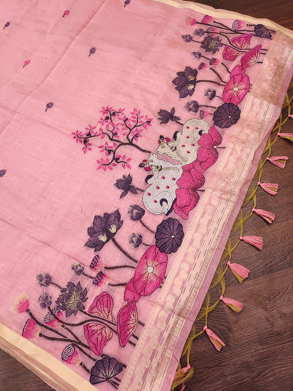 Premium Soft Muga Cotton Pitchwai Saree - Pink