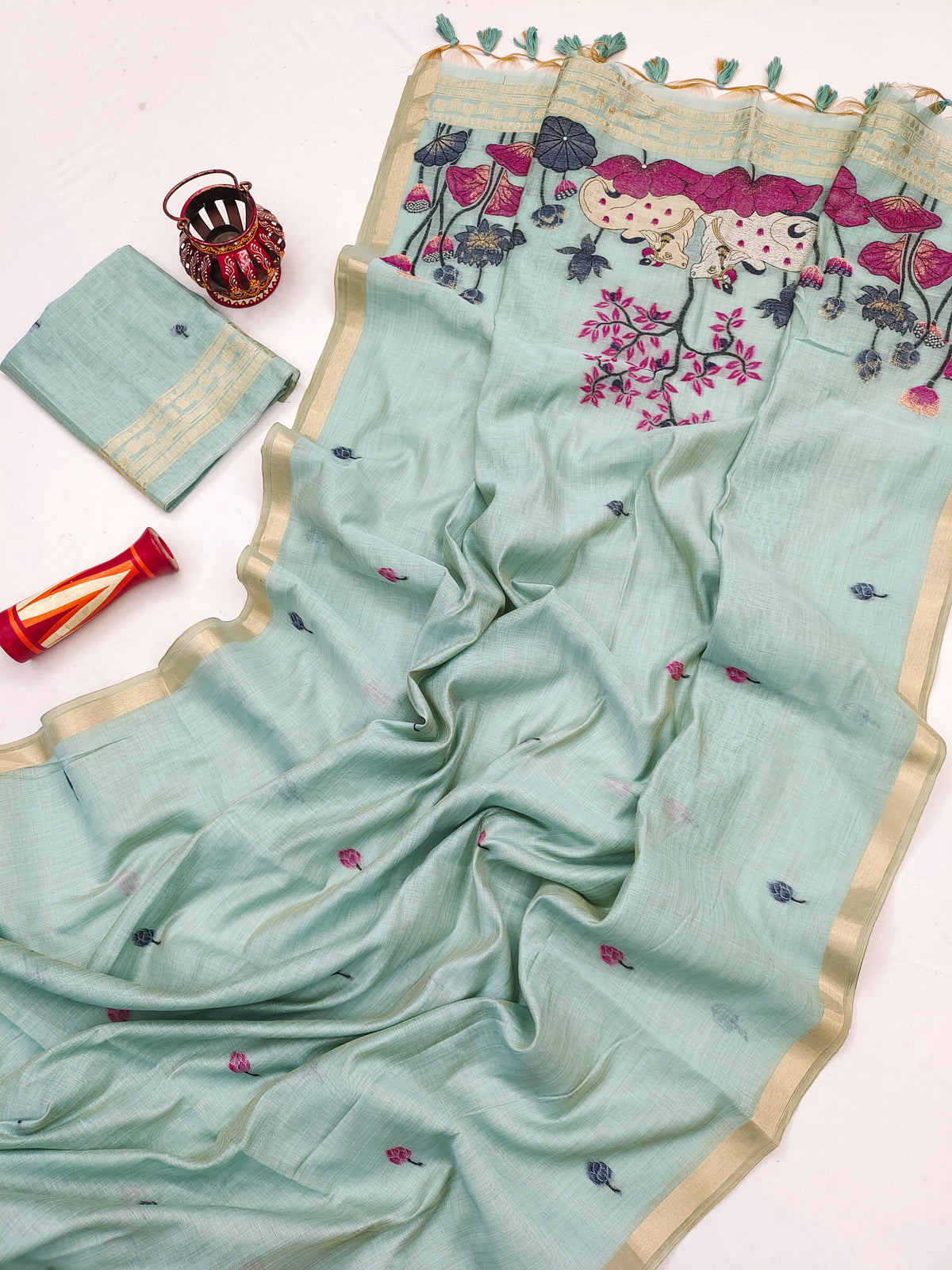 Premium Soft Muga Cotton Pitchwai Saree - Firozi