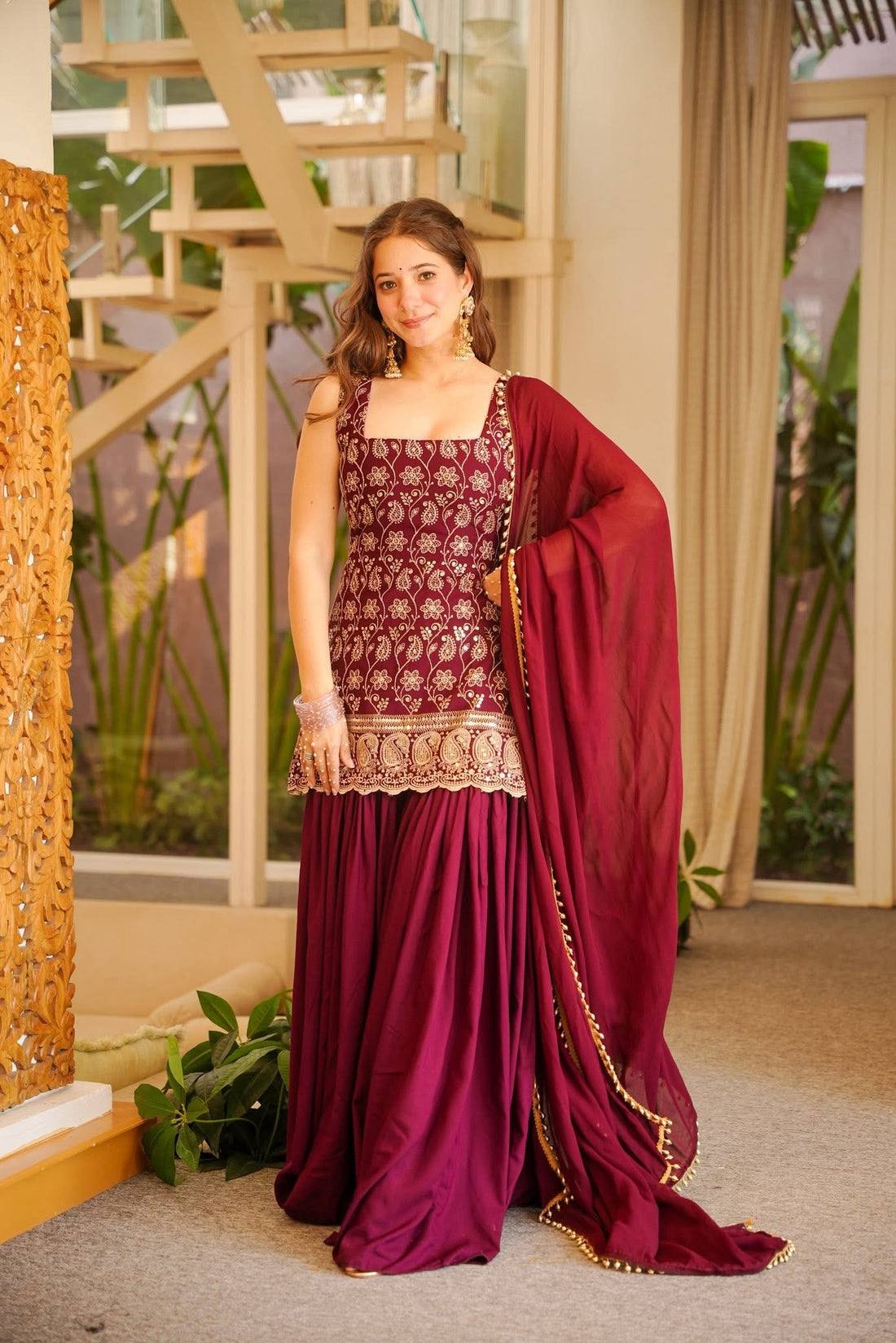 Embroidered Work And Fancy Lace Suit - MAROON