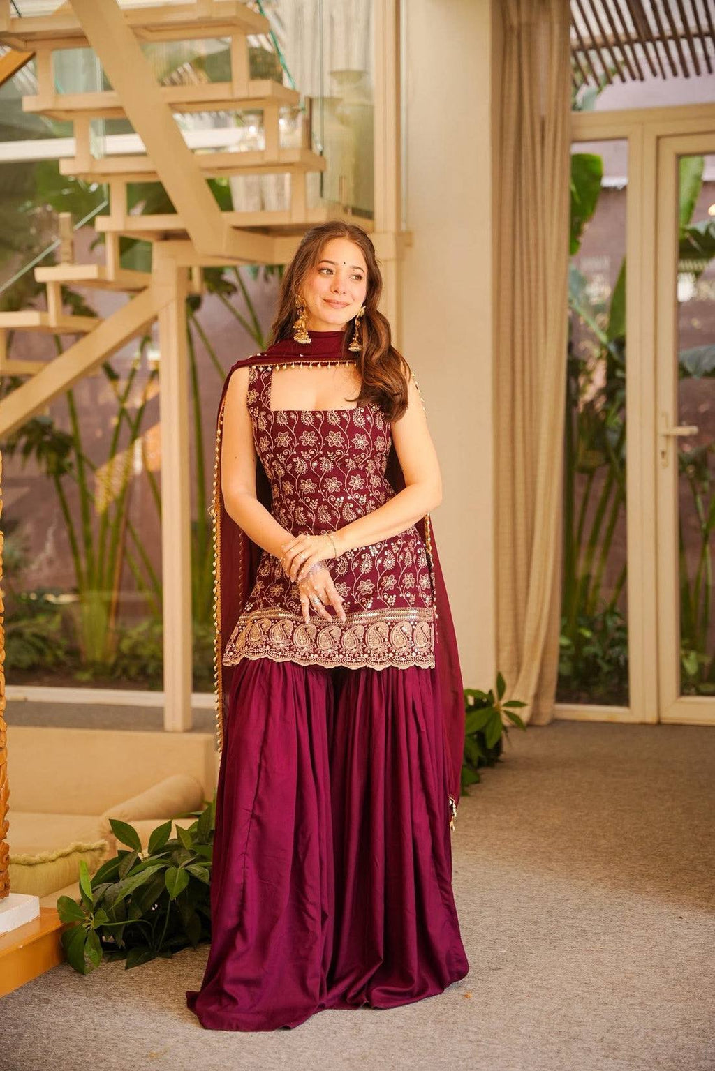 Embroidered Work And Fancy Lace Suit - MAROON