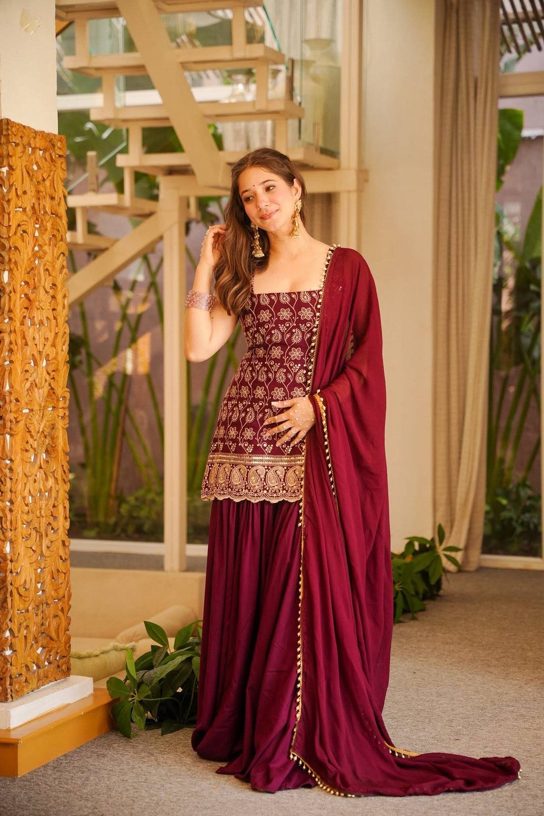 Embroidered Work And Fancy Lace Suit - MAROON