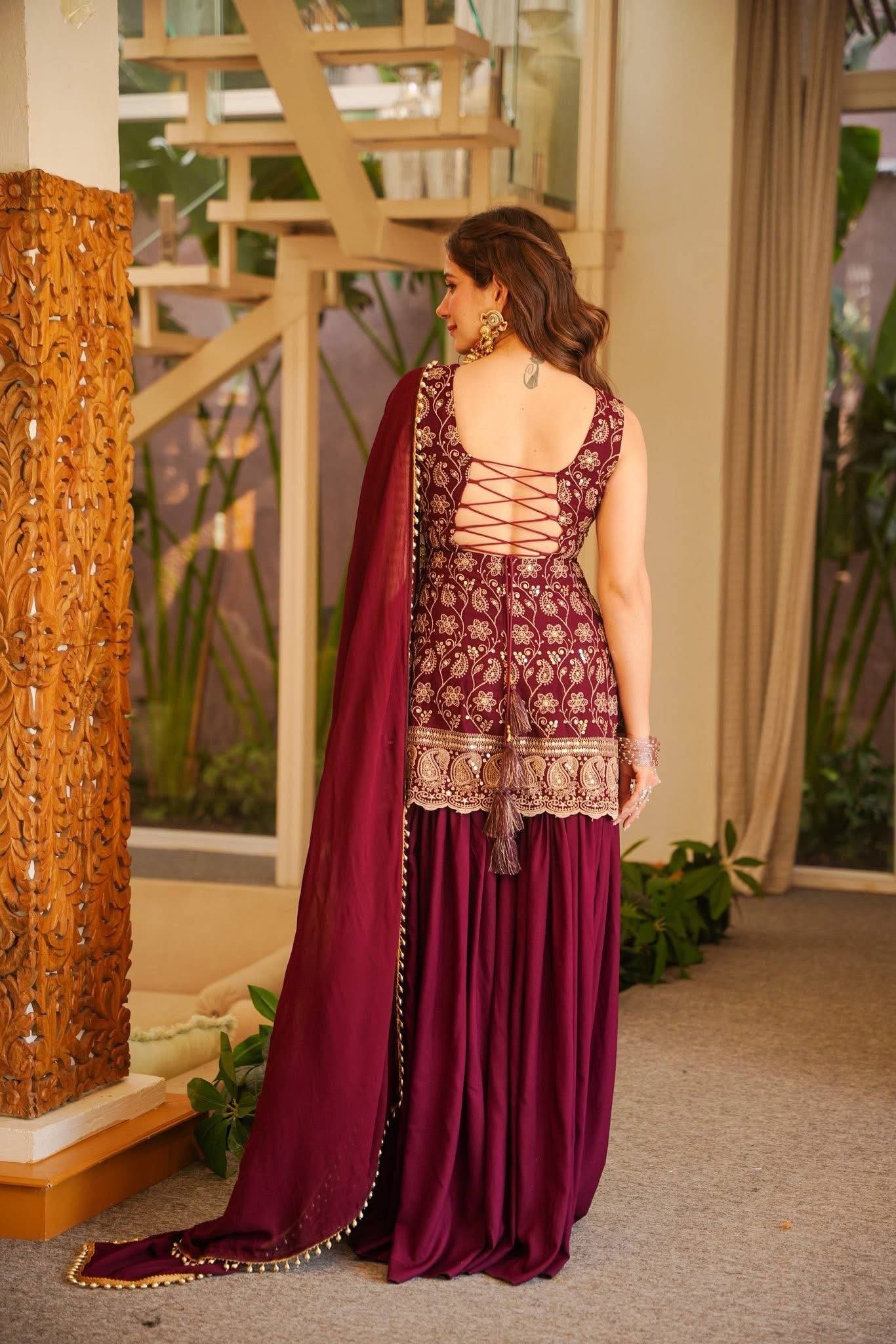 Embroidered Work And Fancy Lace Suit - MAROON
