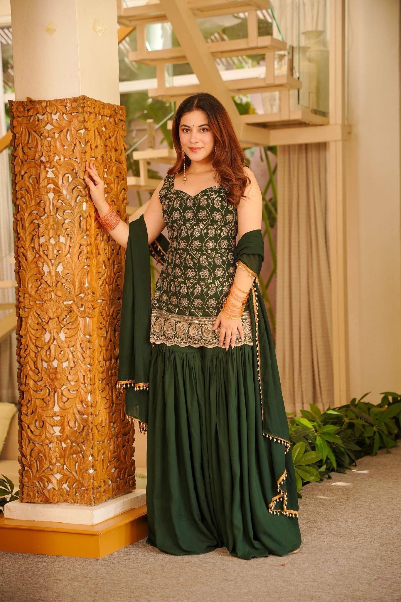 Embroidered Work And Fancy Lace Suit - GREEN