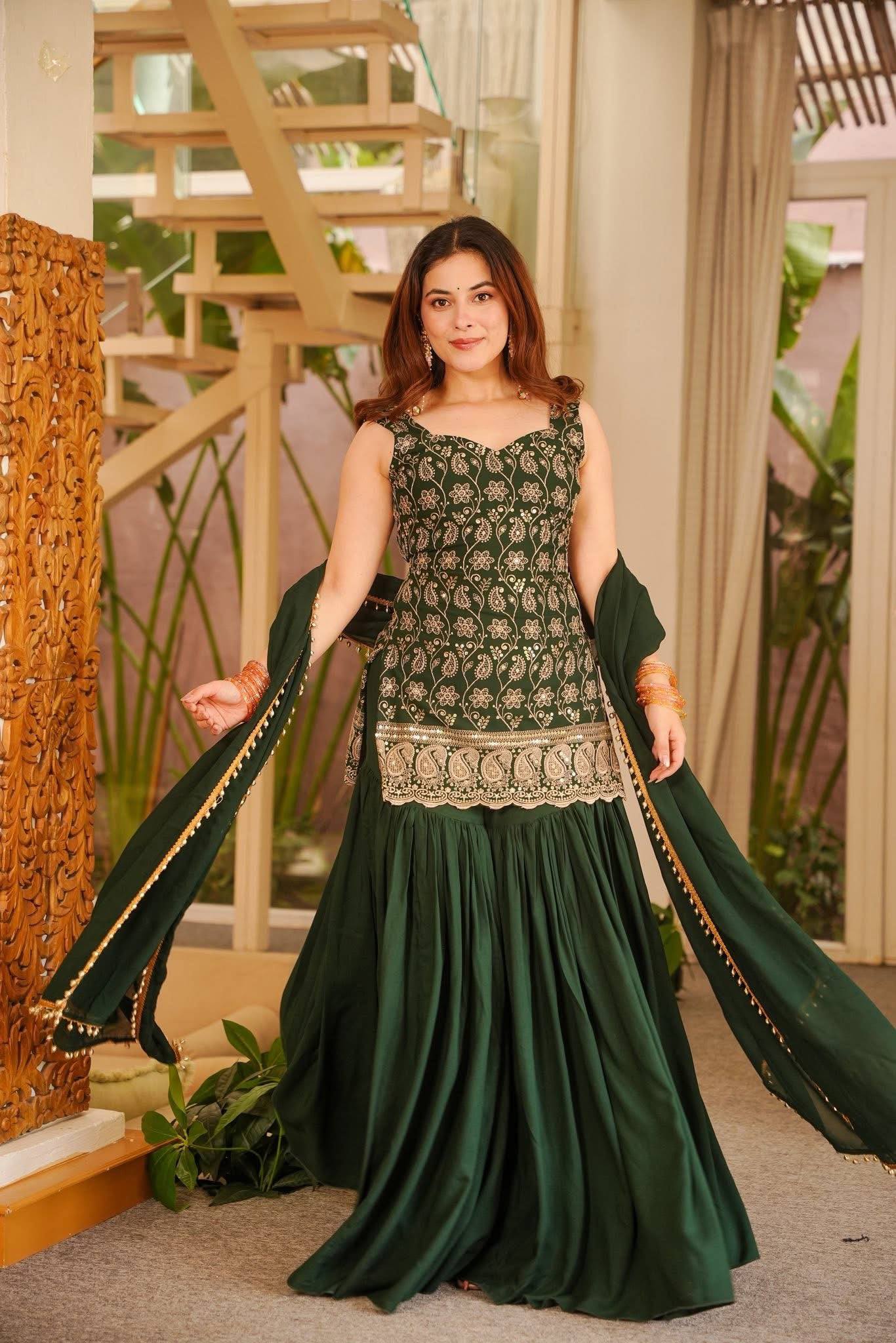 Embroidered Work And Fancy Lace Suit - GREEN