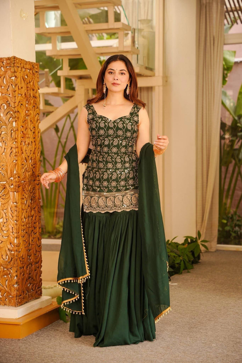 Embroidered Work And Fancy Lace Suit - GREEN