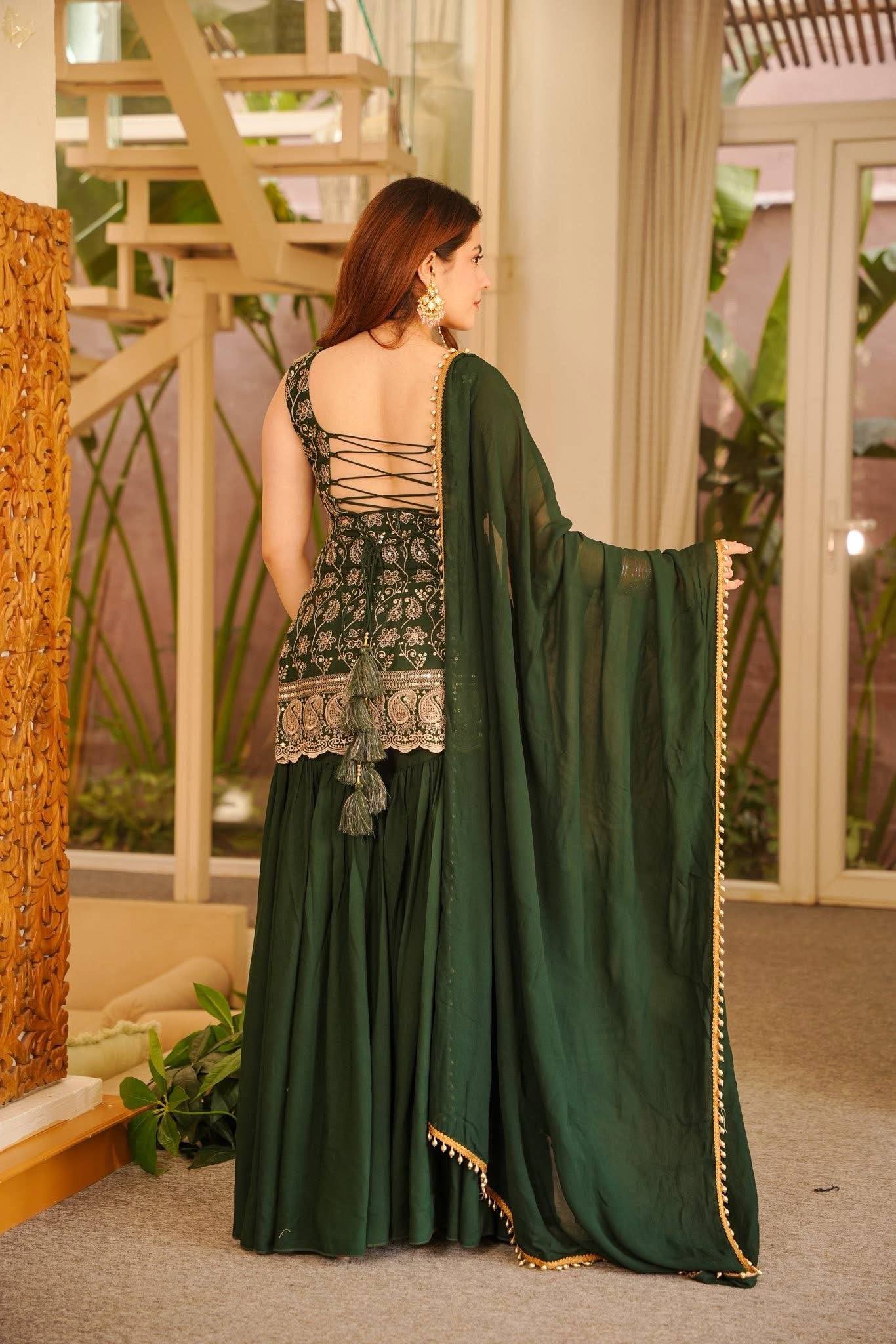Embroidered Work And Fancy Lace Suit - GREEN