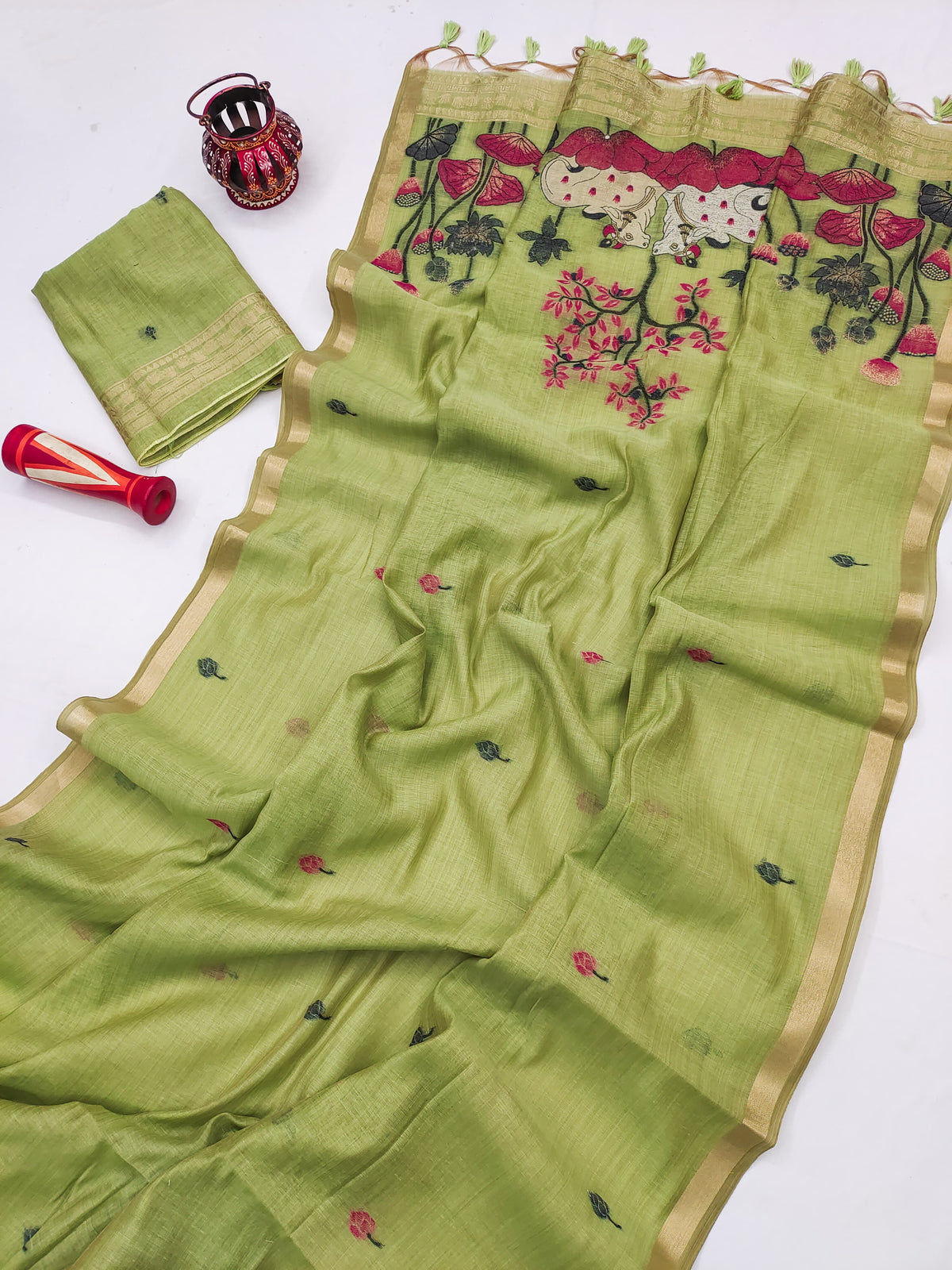 Premium Soft Muga Cotton Pitchwai Saree - Pista