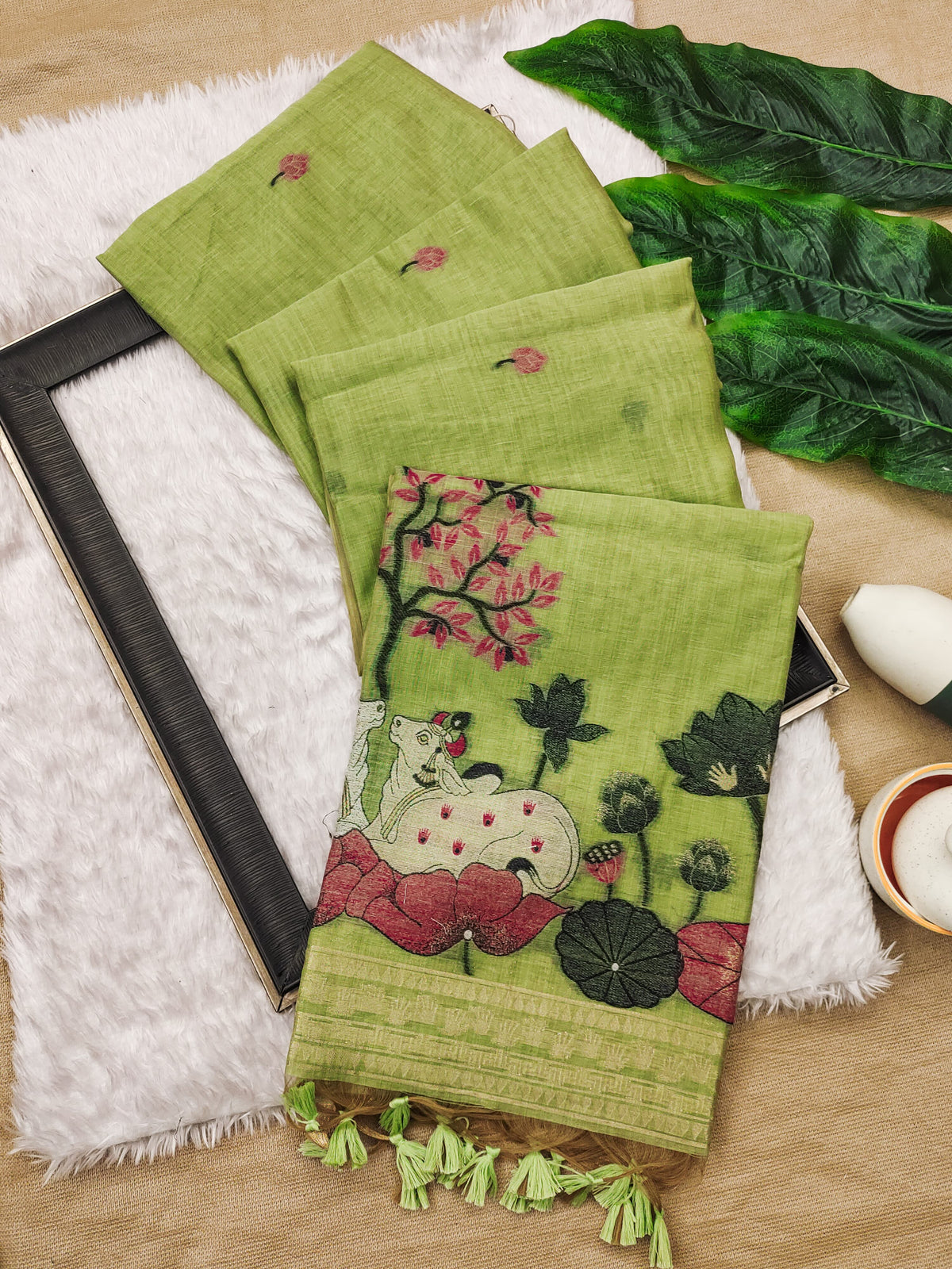 Premium Soft Muga Cotton Pitchwai Saree - Pista