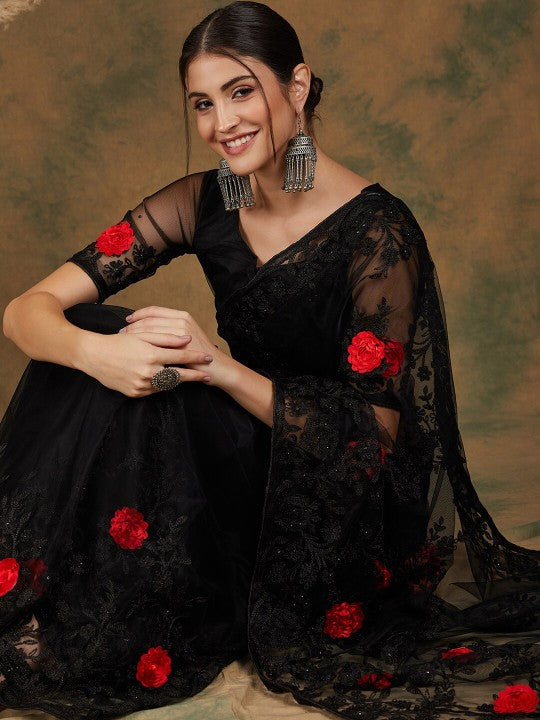 Black Floral Embroidered Saree