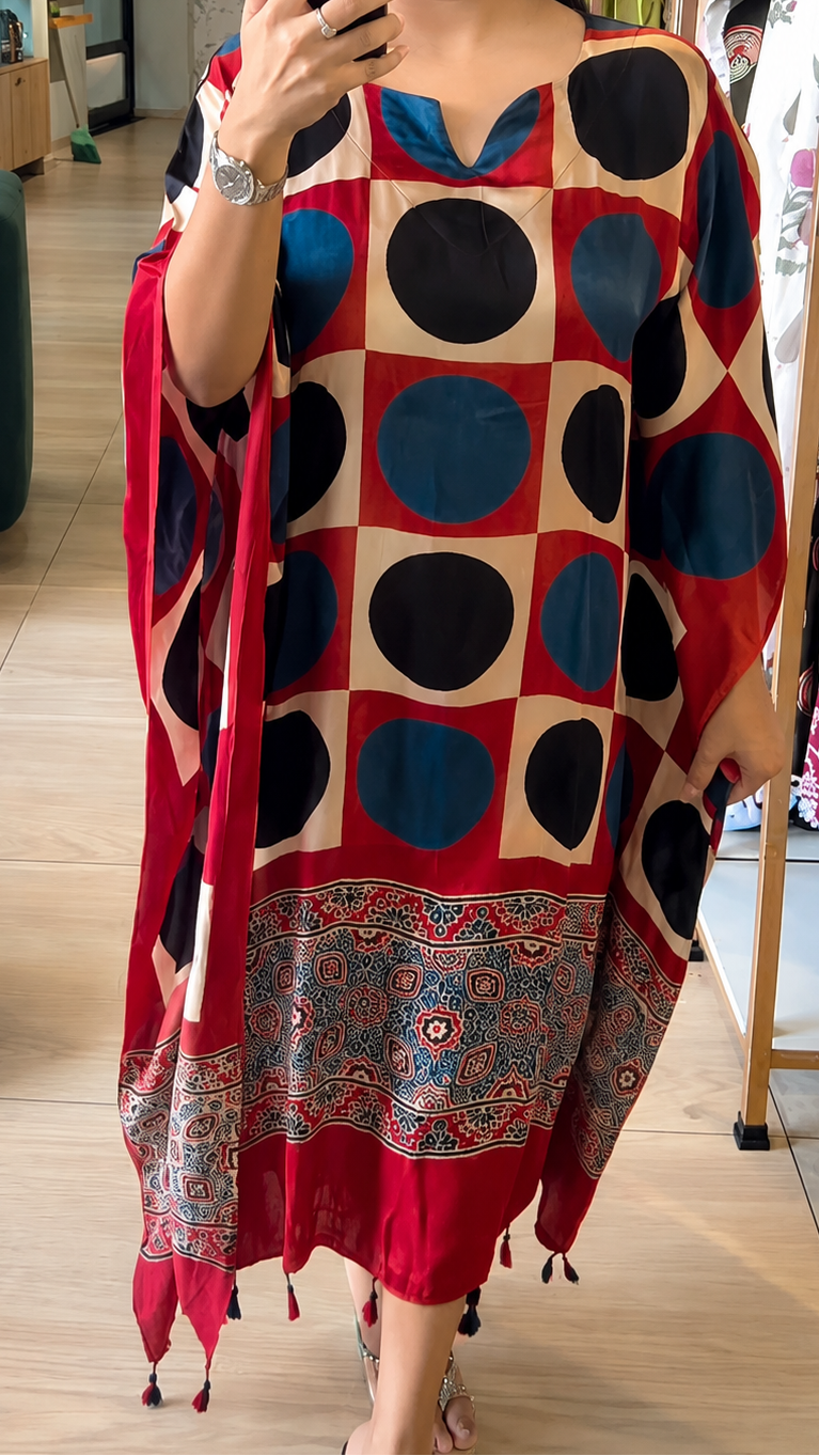 Modal Silk Ajrakh Printed Kaftan with Tassel
