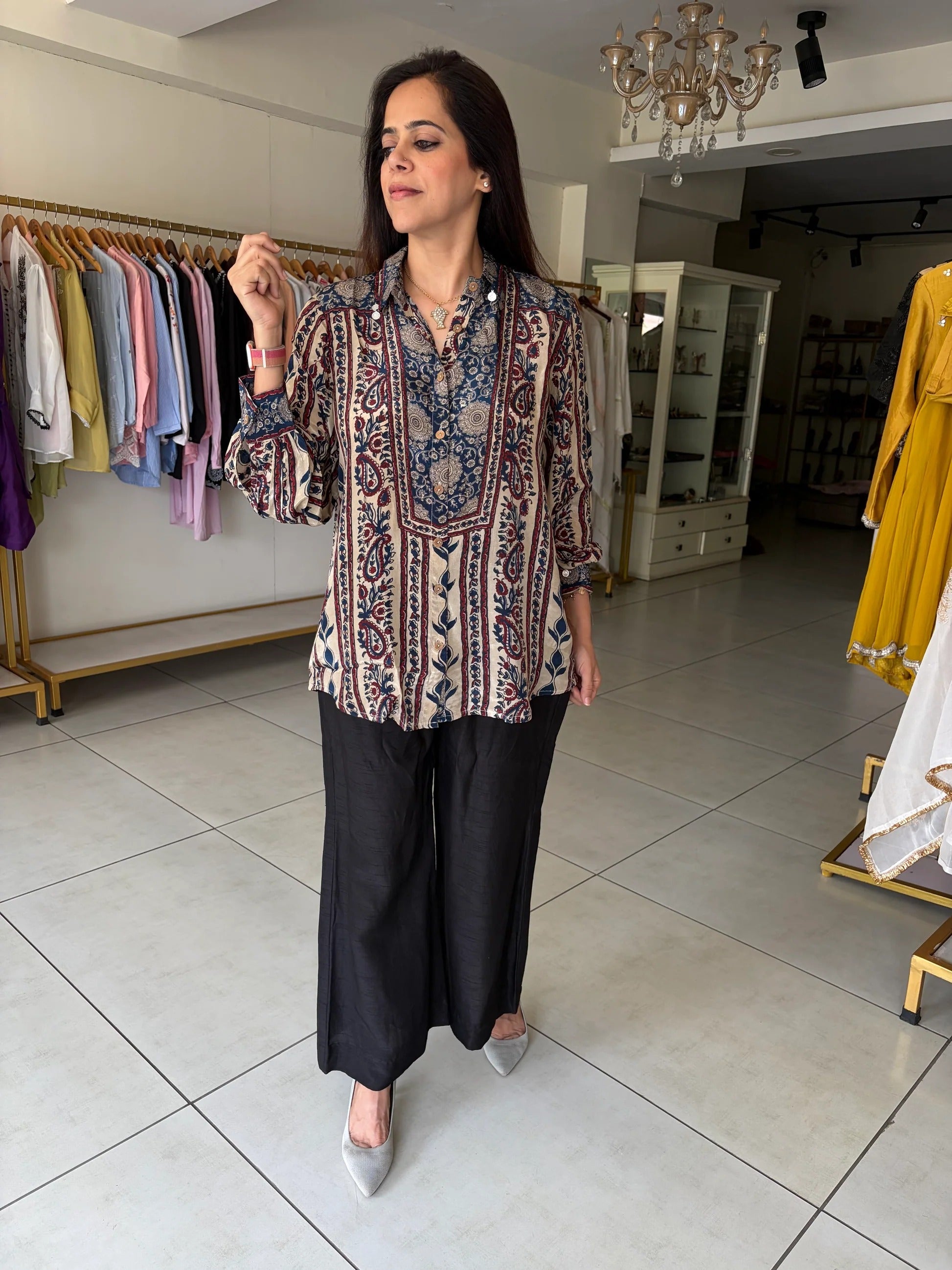 Hndcrafted Charms Detailing Pure Crepe Ajrak Shirt - BEIGE